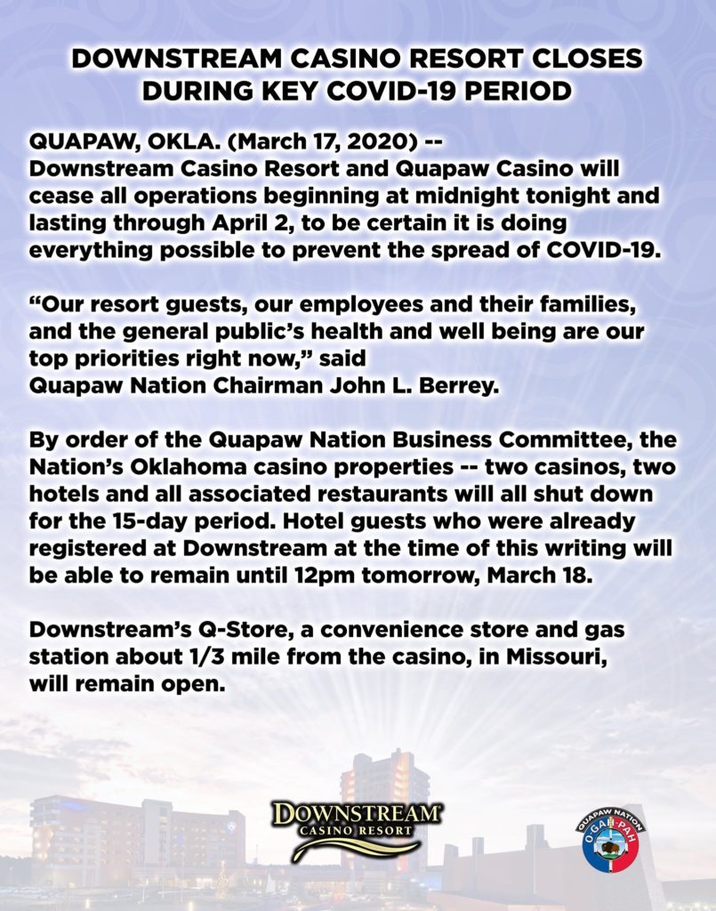 Downstream Casino Resort and Quapaw CasinoCOVID19 OIGA Oklahoma Indian Gaming Association